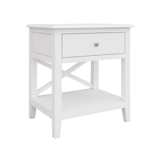 The Hampton White Side Table with Drawer & Shelf Close Up Look