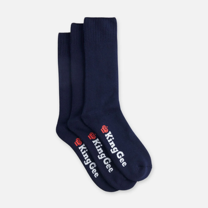 Three pairs of navy blue KingGee crew socks with logo