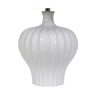 Close-up of sculpted ribbed ceramic base of Tan’s White Table Lamp showcasing glossy white finish.