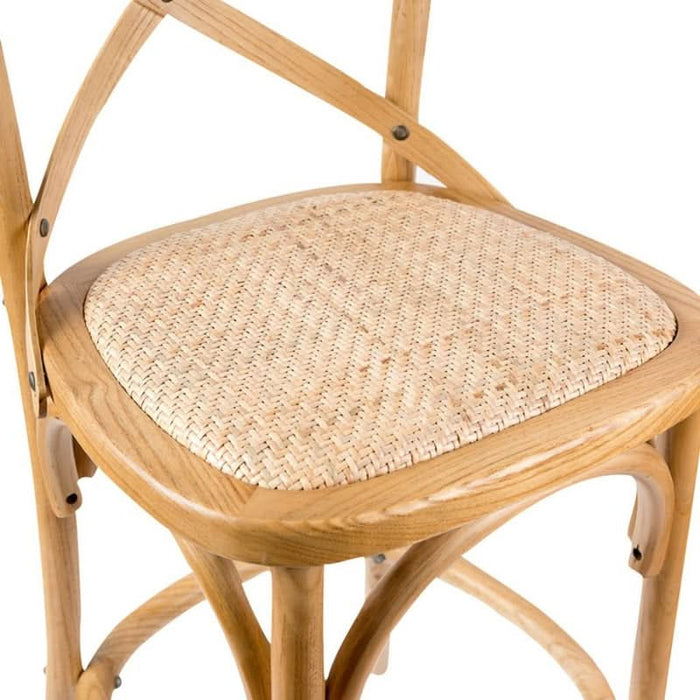 Elegant Steam-Bent Oak Bar Stool with Luxurious Rattan Padding