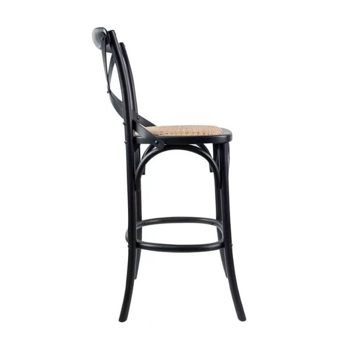 Sophisticated Black Bar Stool with Steam-Bent Wood and Comfy Rattan Seat