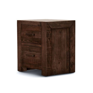 Contemporary Sedona two-drawer bedside table in unique grey stone, crafted from recycled pine.