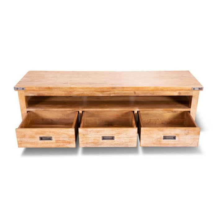 Utah Grandeur TV Console With 3 Drawer Honey Wash Color Open Drawers