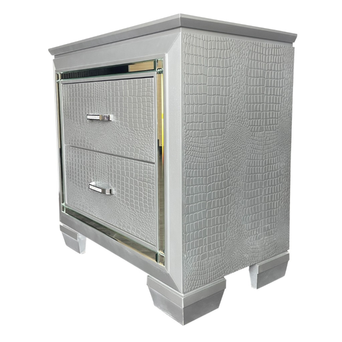 Veronica Double Drawer Silver Bedside Table Side View