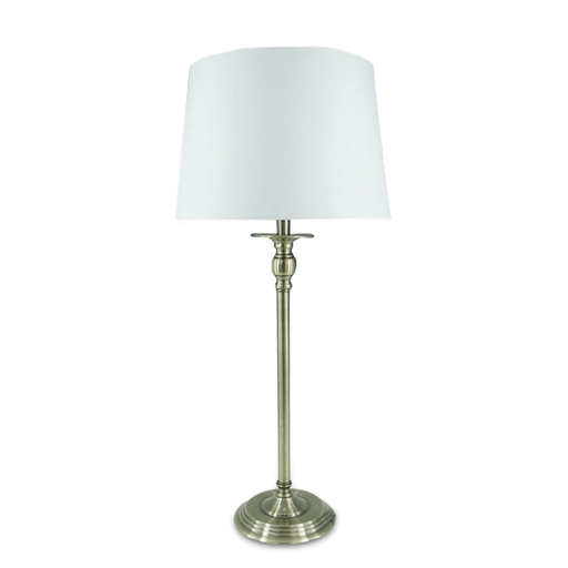 Victoria Candlestick Table Lamp 68 cm with brushed metal base and white fabric shade.
