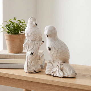 Vintage White Ceramic Parrot Statues On Desk