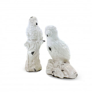 Vintage White Ceramic Parrot Statues, a distressed white glazed ceramic parrot ornament set of two.