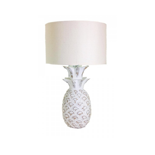 White Resin Pineapple Table Lamp with Linen Shade – coastal style lighting for modern Australian homes.