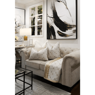 White and Gold Houndstooth Throw with Satin Trim Blanket Set On Sofa