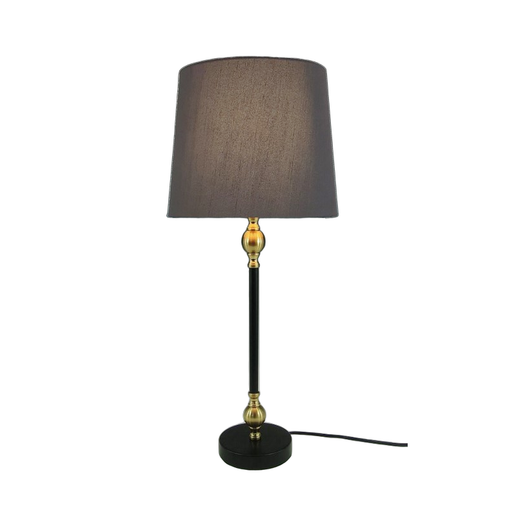 Windsor Candlestick Lamp – tall black and gold metal table lamp with charcoal shade for modern bedrooms.