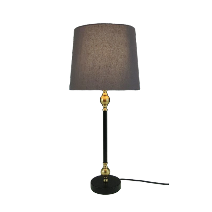 Windsor Candlestick Lamp – tall black and gold metal table lamp with charcoal shade for modern bedrooms.