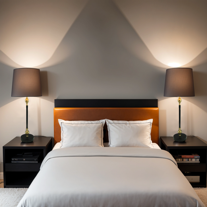 Pair of Windsor Lamps on black bedside tables – elegant modern bedroom lighting Australia.