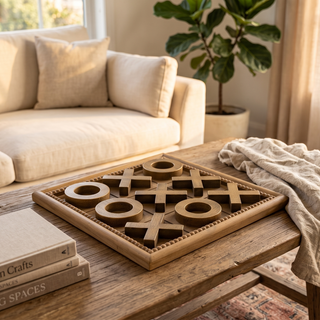Wooden Tic-Tac-Toe Game Set, a carved timber coffee table game with X and O pieces.