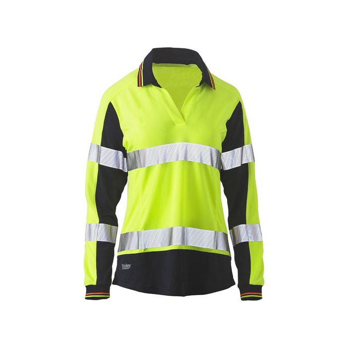 Yellow Bisley Womens Long Sleeve Taped Two Tone Hi Vis V-neck Polo