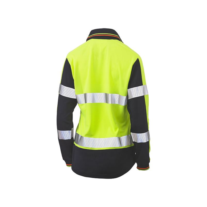 Yellow Bisley Womens Long Sleeve Taped Two Tone Hi Vis V-neck Polo Back Profile