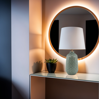 Grey ceramic lamp on console table beside round mirror and plant.