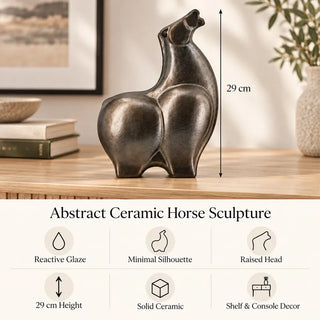 Abstract ceramic horse sculpture 29cm height specifications on fluted oak sideboard