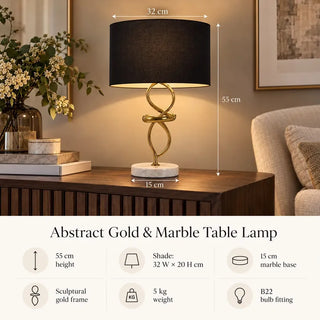 Abstract gold and marble table lamp 55cm height specifications on walnut sideboard