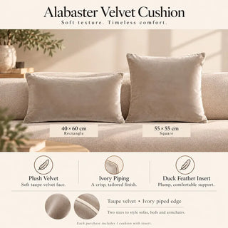 Alabaster velvet cushion 40cm x 60cm and 55cm x 55cm sizes with fabric close ups