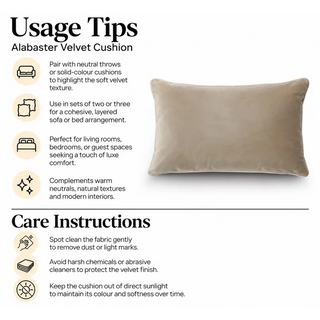 Alabaster velvet cushion usage tips and care instructions
