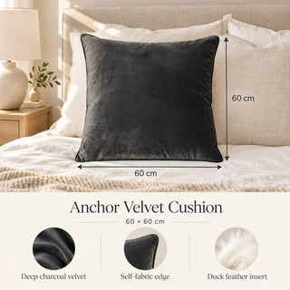 Anchor velvet cushion size guide 60cm x 60cm on linen bed