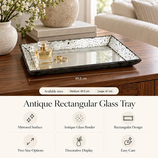 Antique rectangular glass tray size guide 49.5cm and 61cm with feature icons