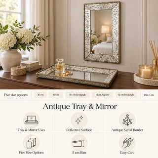 Antique style dual purpose tray mirror size guide 30cm to 61cm with 5cm rim