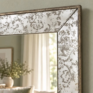Antique style dual purpose tray mirror top corner detail hung on sage green wall