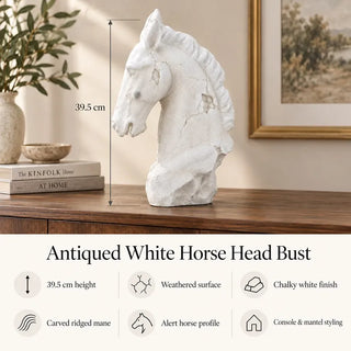 Antiqued white horse head bust 39.5cm height and feature icons on wooden sideboard