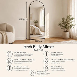 Arch body mirror black frame 187.96cm x 71.12cm specifications beside boucle armchair