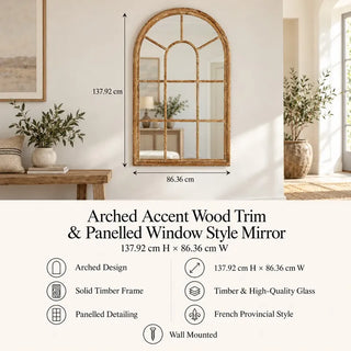 Arched window style panelled mirror 137.92cm x 86.36cm specifications beside timber bench