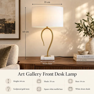 Art gallery front desk lamp 64cm height 35cm shade and 14cm base specifications