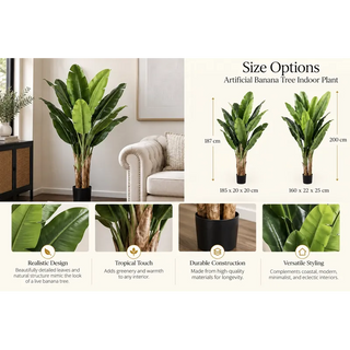 Artificial banana tree size options 187cm and 200cm with leaf trunk and pot close ups