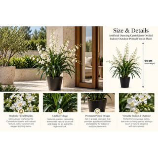 Artificial dancing cymbidium orchid size guide 90cm height with bloom leaf and pot close ups