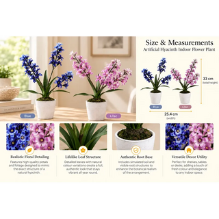 Artificial hyacinth plant blue and lilac size guide with flower and root close ups
