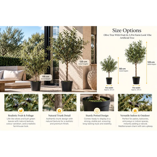 Artificial olive tree with fruit size guide 66cm and 125cm in black pots on stone patio