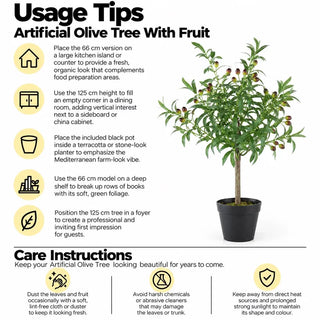 Artificial olive tree with fruit usage tips and care instructions