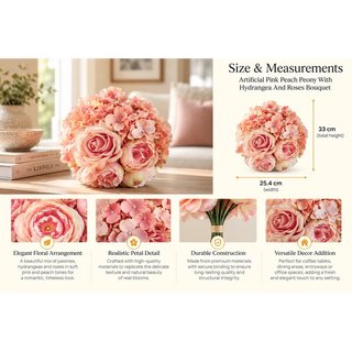 Artificial peach peony hydrangea and rose bouquet size guide 33cm height and 25.4cm width