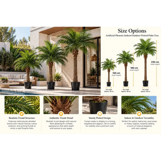 Artificial phoenix palm tree size options 150cm 180cm and 230cm with frond and trunk close