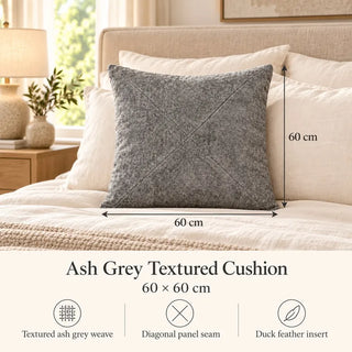 Ash grey textured cushion size guide 60cm x 60cm on cream linen bed