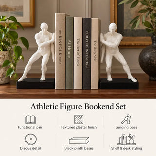 Athletic figure bookend set holding linen books on wooden sideboard with feature icons