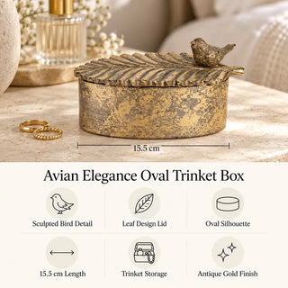 Avian elegance oval trinket box 15.5cm length guide with feature icons