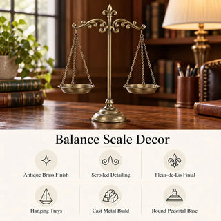 Balance scale decor features card on timber desk in wood panelled study
