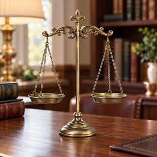 Balance scale decor on dark timber desk beside bookshelves and brass table lamp