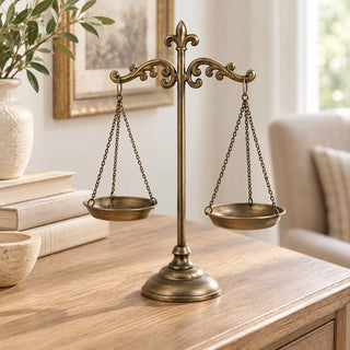 Balance scale decor on light oak side table beside cream books and olive branches