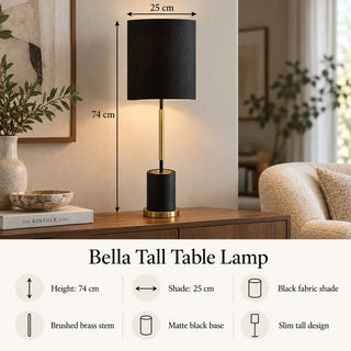 Bella tall table lamp 74cm height and 25cm shade specifications on walnut sideboard