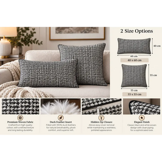 Black and white woven rectangle cushion size guide 40cm x 60cm and 55cm x 55cm