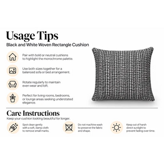 Black and white woven rectangle cushion usage tips and care instructions