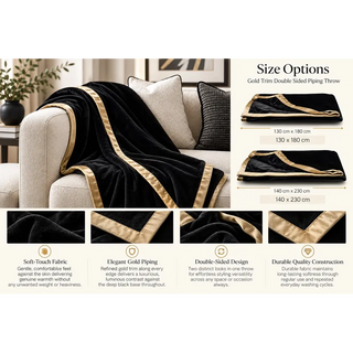 Black double sided piping throw with gold trim size options 130cm x 180cm and 140cm x 230cm