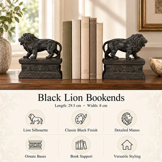 Black lion bookends 29.5cm length and 8cm width feature card with pair holding books